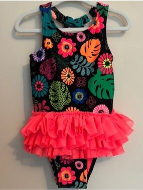 Cat & Jack Black Floral One-Piece Swimsuit with Neon Pink Ruffle